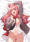  1girl :d arm_up bangs black_neckwear blazer blue_eyes blunt_bangs blush bottomless breasts breath censored collared_shirt darling_in_the_franxx diagonal-striped_neckwear diagonal_stripes eyebrows_visible_through_hair grey_jacket hairband horns jacket long_hair long_sleeves looking_at_viewer lxkate medium_breasts mosaic_censoring navel necktie nipples no_bra nose_blush oni_horns open_blazer open_clothes open_jacket open_mouth open_shirt pink_hair pink_nails pussy pussy_juice red_horns red_scarf scarf school_uniform shirt smile solo striped striped_neckwear sweat unbuttoned white_hairband white_shirt zero_two_(darling_in_the_franxx) 