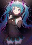  1girl bangs black_choker black_dress black_gloves black_legwear blue_eyes blue_hair breasts choker cleavage_cutout clothing_cutout dress egg_(rxlal) elbow_gloves eyebrows_visible_through_hair floating_hair ghost_rule_(vocaloid) gloves hair_between_eyes hatsune_miku highres long_hair looking_at_viewer open_mouth short_dress sideboob sleeveless sleeveless_dress small_breasts solo standing thighhighs twintails very_long_hair vocaloid zettai_ryouiki 