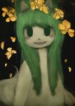  anthro black_background black_nose blush canid canine fangs female flower fur green_eyes green_hair hair hi_res hooki mammal mori_(vb00) open_mouth plant simple_background smile solo tan_body tan_fur tan_tail unfinished yellow_flowers 