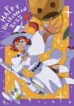 1girl commentary_request dark-skinned_female dark_skin green_eyes gundam gundam_calibarn gundam_suisei_no_majo halloween halloween_bucket hanehitsuji_(hitsuzibane) happy_halloween hat highres long_hair looking_at_viewer low-tied_long_hair low_ponytail mechanical_broom ponytail red_hair robot smile suletta_mercury thick_eyebrows witch witch_hat 