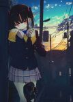  1girl after_rain bare_legs_girl_(kamizaki_hibana) black_hair blue_bow blue_bowtie blue_jacket bow bowtie building buttons closed_mouth commentary_request cowboy_shot dot_mouth dot_nose dusk expressionless floodlights gradient_sky grey_sky headphones headphones_around_neck house jacket kamizaki_hibana long_sleeves looking_at_viewer miniskirt original outdoors pink_eyes plaid_clothes plaid_skirt pleated_skirt power_lines school_uniform sidelocks skirt sky solo standing sweater transformer two_side_up utility_pole wispy_bangs yellow_sweater 