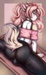 absurd_res anthro balls blue_eyes blush bottomless bottomwear butt butt_focus canid canine clothed clothing crossdressing digital_media_(artwork) femboy fluffy fluffy_tail fox genitals hair hi_res leggings legwear long_hair makeup male mammal pants pink_clothing pink_hair pinup pose presenting rogbiejoke solo sport sportswear tail tasteful tender tight_clothing tired yoga yoga_pants yoga_top