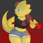  1:1 absurd_res alphys alternate_universe anthro baseball_bat bat_(object) big_breasts bottomwear breasts clothing crop_top dinosaur eyewear female glare glasses hi_res holding_baseball_bat holding_melee_weapon holding_object holding_weapon looking_at_viewer melee_weapon midriff narrowed_eyes navel red_eyes reptile scales scalie shirt short_stack shorts squint thick_tail thick_thighs topwear undertale video_games weapon wide_hips yellow_body yellow_scales 