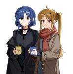  2girls absurdres ahoge black_choker black_jacket black_shirt blonde_hair blue_hair bocchi_the_rock! brown_coat choker coat commentary dress_shirt earrings eyes_visible_through_hair grey_sweater haidao_mao hair_ornament hair_over_one_eye hairclip highres ijichi_nijika jacket jewelry looking_at_viewer mole mole_under_eye multiple_girls off_shoulder red_eyes red_scarf scarf shirt short_hair side_ponytail simple_background single_sidelock stud_earrings sweater white_background yamada_ryo yellow_eyes 