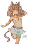  1girl ancient_egyptian_clothes animal_ears ankh_necklace breasts brown_egyptian_cat-eared_loli_(trend) brown_eyes brown_hair cat_ears cat_girl cat_tail commentary_request dark-skinned_female dark_skin expressionless gold_jewelry headgear highres looking_at_viewer medium_hair navel sentarou skirt small_breasts solo standing standing_on_one_leg tail tan touhoku_kiritan twintails voiceroid 