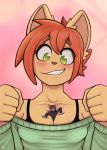  ambiguous_gender anthro blush bra_strap breasts cleavage clothed clothing domestic_cat duo felid feline felis female green_eyes hair hi_res macro mammal micro micro_on_macro mouse murid murine rodent short_hair size_difference sweater td_(artist) topwear 