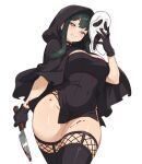  1girl absurdres black_cloak black_dress black_gloves black_hair black_thighhighs blood blood_on_clothes blood_on_face blood_on_knife breasts cloak closed_mouth cosplay dress ghostface ghostface_(cosplay) glint gloves halloween_costume highres holding holding_knife holding_mask knife large_breasts looking_at_viewer mask microdress red_eyes scream_(movie) second-party_source sidelocks simple_background smile solo spy_x_family thighhighs transparent_background vizaz white_mask yor_briar 