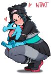  1boy 1girl artist_name beanie black_boots black_skirt blush boots closed_mouth crop_top eyeshadow fingerless_gloves full_body gloves green_hair grey_eyes grey_pantyhose hat heart highres holding holding_pokemon hug long_sleeves looking_at_viewer makeup medium_hair miniskirt mole mole_under_mouth naughty_taboos original pantyhose parted_bangs pleated_skirt pokemon pokemon_(creature) pokemon_legends:_z-a simple_background skirt smile squatting suggestive_fluid thighs tiptoes tongue tongue_out totodile undershirt white_background 