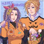  aerith_gainsborough alternate_costume arm_around_shoulder artist_name basket black_shirt blonde_hair blue_background blue_eyes braid braided_ponytail breasts brown_hair candy cloud_strife collared_shirt final_fantasy final_fantasy_vii flower food green_eyes hair_flower hair_ornament hair_ribbon happy_halloween highres holding holding_basket hood hood_down hoodie komeko_(strikek-lvvjm27) light_smile lollipop long_hair male_focus medium_breasts orange_hoodie pink_ribbon red_flower red_rose ribbon rose shirt short_hair sidelocks single_braid spiked_hair white_shirt yellow_flower 