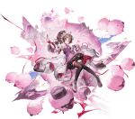  1girl animal_ears ardelia_(arknights) arknights arknights:_endfield baby_animal brown_hair coat curled_horns detached_sleeves eyjafjalla_(arknights) fingerless_gloves gloves goat_girl high_ponytail horns lamb little_black_sheep_(arknights) official_art ponytail red_eyes sheep sheep_ears sheep_girl sheep_horns shoes socks white_coat 