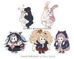  animal_costume artist_name bangs bear_costume bear_hair_ornament black_hair black_skirt brown_skirt bunny_costume commentary copyright_name cosplay criis-chan crossover crown danganronpa danganronpa_1 diaper english_commentary enoshima_junko enoshima_junko_(cosplay) fall_guy fall_guys hair_ornament holding_strap hood hooded_jacket jacket long_hair long_sleeves mioda_ibuki mioda_ibuki_(cosplay) mismatched_legwear monokuma monomi_(danganronpa) multicolored_hair nanami_chiaki nanami_chiaki_(cosplay) necktie pink_hair red_skirt school_uniform shirt skirt super_danganronpa_2 white_hair white_shirt 