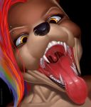  anthro black_background black_nose bodily_fluids brown_hair cloak_and_dirk ember_mccleod eyebrow_piercing facial_piercing female gaping_mouth hair hi_res mammal mouth_shot multicolored_hair nose_piercing nose_ring open_mouth piercing pink_tongue rainbow_hair saliva saliva_string sharp_teeth simple_background solo teeth tongue tongue_out ursid 