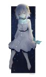  1girl ars_almal barefoot black_choker blue_ribbon breasts brooch buttons choker closed_eyes dress frilled_dress frilled_skirt frills highres invisible_chair jewelry large_ribbon light_smile long_sleeves medium_breasts nijisanji ribbon short_hair sitting skirt solo sparkle star_(sky) star_brooch starry_sky_background tatami_kami virtual_youtuber waist_ribbon white_dress white_hair 