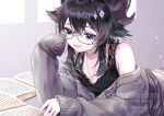  1girl animal_ears bare_shoulders black_bra black_hair blue_eyes book bra commentary commission doomeddame_(vtuber) double-parted_bangs english_commentary fang glasses grey_sweater hair_between_eyes hair_ornament horns indie_virtual_youtuber jewelry long_sleeves medium_hair necklace open_book open_mouth reading semi-rimless_eyewear sheep_ears sheep_girl sheep_horns sidelocks smile solo sweater under-rim_eyewear underwear vgen_commission virtual_youtuber watermark xxcaaan 