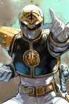  1boy arm_guards armor belt bodysuit contrapposto gloves gold_armor gold_trim gosei_sentai_dairanger helmet hungry_clicker kiba_ranger male_focus mighty_morphin_power_rangers mighty_morphin_white_ranger power_rangers shoulder_armor standing super_sentai sword tokusatsu weapon white_bodysuit 