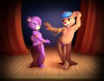  anthro barefoot blue_hair breasts brown_body brown_fur clothing collar curtains dancing disney duo female female/female fiona_gummi_(fan_character) fur gold_(metal) gummi_bears hair hairgrape hi_res nipples purple_body purple_fur red_nose slave small_breasts stage translucent translucent_clothing young 
