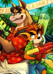  activision anthro crash_bandicoot crash_bandicoot_(series) crocodilian dingodile duo male mammal marsupial palm_tree reptile scalie shrimposaurus tree video_games water_gun 