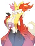  3:4 anthro baburusushi big_breasts black_body breasts delphox female fur hi_res inner_ear_fluff nintendo pok&eacute;mon pok&eacute;mon_(species) red_eyes simple_background solo tuft video_games white_background yellow_body yellow_fur 