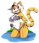  anthro bikini bikini_pull breasts clothed clothing felid feline female fur hair hi_res infinitedge2u machine mammal midriff navel open_mouth partially_submerged red_eyes robot smile solo standing swimwear tongue white_body white_fur white_hair 