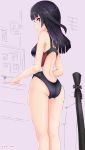  1girl absurdres agatsuma_kaede alice_gear_aegis ass bangs black_eyes black_hair black_swimsuit blunt_bangs commentary_request competition_swimsuit computer feet_out_of_frame from_behind grey_background highres looking_at_viewer one-piece_swimsuit rasen_manga solo standing swimsuit 