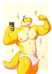  2020 absurd_res anthro bicep_curl bodily_fluids bulge cellphone clothing flexing genital_fluids hi_res jockstrap male mirror_selfie muscular muscular_anthro muscular_male phone precum precum_through_clothing precum_through_underwear scalie selfie serex simple_background solo star sunny_(geckoecho) underwear wet wet_clothing white_background white_clothing white_underwear yellow_body 