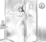  2013 anthro bathroom big_breasts big_nipples blush bracing breasts female fingering food fruit hair lagomorph leaning_on_wall leporid long_ears long_hair looking_pleasured mammal masturbation monochrome navel nipples open_mouth pineapple plant rabbit shower shower_head sketch solo steam tgwonder tongue tongue_out vaginal vaginal_fingering 