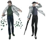  2boys alto_clef assa blonde_hair brown_hair bug butterfly facial_hair glasses grin gun hat holding holding_sword holding_weapon insect kondraki labcoat looking_at_another multiple_boys necktie scp-408 scp_foundation smile sword weapon 