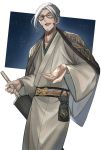  1boy :d arurandis closed_umbrella facial_hair glasses goatee grey_eyes grey_hair holding holding_umbrella holostars japanese_clothes kimono mabukaaaa male_focus one_eye_closed open_mouth pouch smile solo standing umbrella virtual_youtuber wide_sleeves 