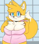  anthro bathroom berkthejerk big_breasts blue_eyes blush bodily_fluids breasts canid canine clothing crossgender digital_media_(artwork) female fox fur gesture hair hi_res looking_at_viewer mammal miles_prower multi_tail nervous_smile nervous_sweat pointing pregnancy_test sega smile solo sonic_the_hedgehog_(series) sweat towel towel_only video_games white_body white_fur yellow_body yellow_fur 