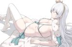  1girl anastasia_(fate) bangs bikini blue_eyes blush breasts cleavage closed_mouth fate/grand_order fate_(series) hair_over_one_eye hairband knees_up large_breasts legs long_hair looking_at_viewer navel robe shiseki_hirame sideboob silver_hair simple_background smile swimsuit thighhighs white_background white_bikini white_legwear 