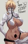  1girl arrancar bleach blonde_hair breast_tattoo breasts collared_jacket covered_mouth covered_nipples cowboy_shot dark_skin dark_skinned_female english_text espada followers gloves grey_background groin hair_between_eyes half-closed_eyes high_collar highres hip_vent huge_breasts jacket long_hair long_sleeves looking_at_viewer lowleg midriff navel number number_tattoo pants partially_unzipped scales shiny shiny_skin simple_background solo stomach tattoo thank_you tier_harribel yugo_(yugotme97) zipper 