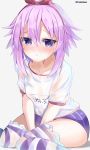  1girl absurdres bangs bimmy blush eyebrows_visible_through_hair hair_between_eyes hair_ornament highres neptune_(neptune_series) neptune_(series) purple_eyes purple_hair shirt short_hair sidelocks sitting solo t-shirt thighhighs wet wet_clothes 