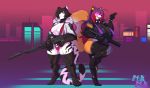  anthro big_breasts breast_size_difference breasts canid canine cleavage clothed clothing duo felid female gun hi_res holding_gun holding_object holding_weapon huge_breasts mammal meganemausu nipple_outline pantherine ranged_weapon tiger weapon 