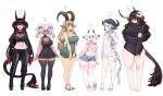  6+girls :d animal_ears arm_under_breasts bangs bare_legs bare_shoulders barefoot black_dress black_footwear black_hair black_legwear black_pants black_shirt blue_eyes blunt_bangs blush braid braided_tail breasts brown_eyes brown_hair cleavage cleavage_cutout clothing_cutout commentary crop_top curled_horns dark_skin dress drill_hair english_commentary fishnets full_body green_dress green_eyes green_footwear grey_hair hair_over_one_eye hand_on_hip highres hime_cut horns huge_breasts iwbitu-sa jacket large_breasts long_hair long_tail looking_at_viewer looking_away low-tied_long_hair medium_breasts midriff multicolored_hair multiple_girls multiple_horns navel open_mouth original pants pink_hair pink_jacket pink_legwear pink_shirt platform_footwear red_hair sandals sharp_teeth shirt shoes short_dress short_hair short_shorts shorts shrug_(clothing) silver_eyes simple_background sleeveless sleeveless_dress sleeves_past_wrists smile tail tail_braid teeth thighhighs turtleneck twin_braids very_long_hair watermark white_background white_footwear white_hair zettai_ryouiki 