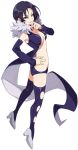  1girl ass black_hair black_legwear detached_sleeves disgaea disgaea_rpg full_body fur_trim hand_on_hip high_heels highres lipstick makeup mole mole_under_eye official_art pink_lipstick short_hair simple_background smile solo thighhighs twisted_torso white_background white_footwear yellow_eyes 