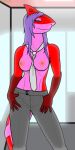  1:2 2020 anthro big_breasts bottomwear breasts brown_body brown_scales ciphna(zypter) clothed clothing colored_nails digital_media_(artwork) dorsal_fin eyeshadow female fin fish great_white_shark hair hands_in_pockets inside lamnid lamniform long_hair looking_at_viewer makeup marine nails narrowed_eyes necktie nipples pants partially_clothed piercing pink_body pink_eyeshadow pink_nails pink_scales pinup pockets pose purple_eyes purple_hair red_body red_scales scales shark smile solo standing tattoo thigh_up topless zypter 