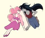  2girls adventure_time bite_mark black_hair fang floating full_body grey_skin halang_rubsas2 hand_on_hip looking_at_another marceline_abadeer multiple_girls pink_hair ponytail princess_bonnibel_bubblegum simple_background sitting vampire yuri 