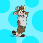  1:1 anthro barefoot blue_background briefs brown_body brown_fur cervid circle clothing detailed_background fur grey_clothing grey_underwear hand_behind_head hi_res male mammal shirt signature simple_background smile solo t-shirt tan_body tan_fur tinydeerguy topwear underwear white_clothing white_shirt white_topwear 