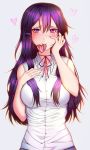  1girl alternate_costume bangs bare_arms bare_shoulders blush breasts casual dead_temple doki_doki_literature_club grey_background hair_between_eyes hair_ornament hairclip hand_on_own_cheek hand_on_own_chest heart highres large_breasts long_hair looking_at_viewer neck_ribbon purple_eyes purple_hair red_neckwear red_ribbon ribbon shirt simple_background sleeveless sleeveless_shirt smile solo upper_body valentine white_shirt yuri_(doki_doki_literature_club) 