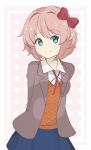  1girl arms_behind_back bad_link bangs blue_eyes blue_skirt bow chocomiru disconnected_mouth doki_doki_literature_club eyebrows_visible_through_hair grey_jacket hair_bow highres jacket long_sleeves looking_at_viewer neck_ribbon open_clothes open_jacket orange_vest pink_hair red_bow red_neckwear red_ribbon ribbon sayori_(doki_doki_literature_club) school_uniform shirt short_hair simple_background skirt smile solo source_request vest white_shirt wing_collar 
