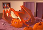  absurd_res alcohol beverage blush dragon drunk drunk_bubbles feral food fruit hi_res inside male penetration plant pumpkin skyvo solo substance_intoxication text url 