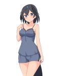  1girl absurdres alternate_costume arm_at_side bangs bare_arms bare_shoulders black_hair blue_eyes blush boyshort_panties breasts camisole collarbone greater_lophorina_(kemono_friends) grey_camisole grey_panties hair_between_eyes hand_up head_wings highres kemono_friends looking_at_viewer medium_breasts medium_hair panties shiraha_maru simple_background smile solo spaghetti_strap strap_pull tail underwear underwear_only white_background 