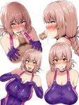  1boy 1girl bangs blush breasts censored choker cleavage competition_swimsuit cum cum_in_mouth elbow_gloves facial fate/grand_order fate_(series) fellatio florence_nightingale_(fate/grand_order) gloves heart heart-shaped_pupils hetero highres huge_breasts long_hair mon_(manarestra) mosaic_censoring one-piece_swimsuit open_mouth oral penis pink_hair purple_gloves purple_swimsuit red_eyes simple_background smile swimsuit symbol-shaped_pupils tongue tongue_out white_background 