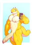  2020 absurd_res anthro ball_stretcher balls big_penis blep cellphone erection genitals hi_res huge_penis humanoid_genitalia humanoid_penis hyper hyper_genitalia hyper_penis lizard male mirror_selfie muscular muscular_anthro muscular_male pecs penis phone reptile scalie selfie serex simple_background solo sunny_(geckoecho) tongue tongue_out vein veiny_penis yellow_body 