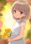 1girl bangs brown_hair commentary_request dress eyebrows_visible_through_hair flower green_eyes highres holding holding_flower long_hair looking_at_viewer original parted_lips see-through see-through_sleeves short_sleeves solo tsumiki_akeno upper_body white_dress yellow_flower 