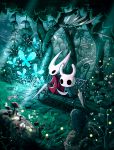  bench bug butterfly cloak egg firefly flying grass highres hollow_knight hornet_(hollow_knight) insect knight_(hollow_knight) mushroom nature no_humans paper shell sinsin719 sitting sunlight tree 