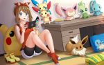  1girl ankle_socks bag bangs bare_arms bare_shoulders bike_shorts bike_shorts_under_shorts black_shorts blue_eyes blush boots boots_removed bowl brown_hair celebi chips commentary commission crossed_ankles desk eevee eyebrows_visible_through_hair food gen_1_pokemon gen_2_pokemon gen_3_pokemon gen_4_pokemon hairband hands_up highres holding indoors kazenokaze knees_up manaphy may_(pokemon) minun mythical_pokemon nintendo_switch on_floor open_mouth pikachu pillow plusle pokemon pokemon_(creature) pokemon_(game) pokemon_rse potato_chips red_hairband red_legwear red_tank_top short_shorts shorts shorts_under_shorts sidelocks sitting skitty squirtle sweat tank_top white_shorts yellow_footwear 