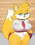 &lt;3 anthro berkthejerk big_breasts blue_eyes blush bottomwear breasts canid canine cleft_of_venus clothed clothing clothing_lift crossgender digital_media_(artwork) female fox fur genitals hair hi_res looking_at_viewer mammal miles_prower multi_tail necktie pussy sega shirt skirt skirt_lift smile solo sonic_the_hedgehog_(series) tied_shirt tongue tongue_out topwear video_games white_body white_fur yellow_body yellow_fur 