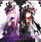  alternate_eye_color bang_dream! black_flower black_hair black_rose blue_flower blue_rose character_name closed_mouth dress feathers flower hair_flower hair_ornament highres light_purple_hair long_hair looking_to_the_side minato_yukina red_flower rose walluku white_flower white_rose yellow_eyes 