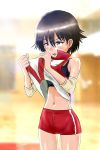  1girl absurdres artist_name bangs black_sports_bra blurry blurry_background breasts brown_eyes brown_hair cowboy_shot elbow_pads eyebrows_visible_through_hair girls_und_panzer half-closed_eyes highres isobe_noriko looking_to_the_side navel open_mouth red_shirt red_shorts shirt shirt_lift short_hair short_shorts shorts signature single_vertical_stripe sleeveless sleeveless_shirt small_breasts solo sports_bra sportswear sweat volleyball_uniform wee259hiyama 
